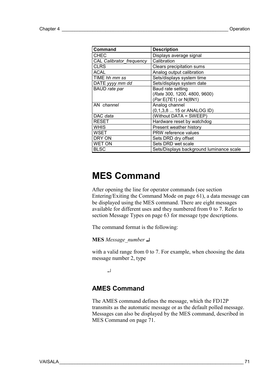 Mes command, Ames command | Vaisala FD12P User Manual | Page 71 / 154