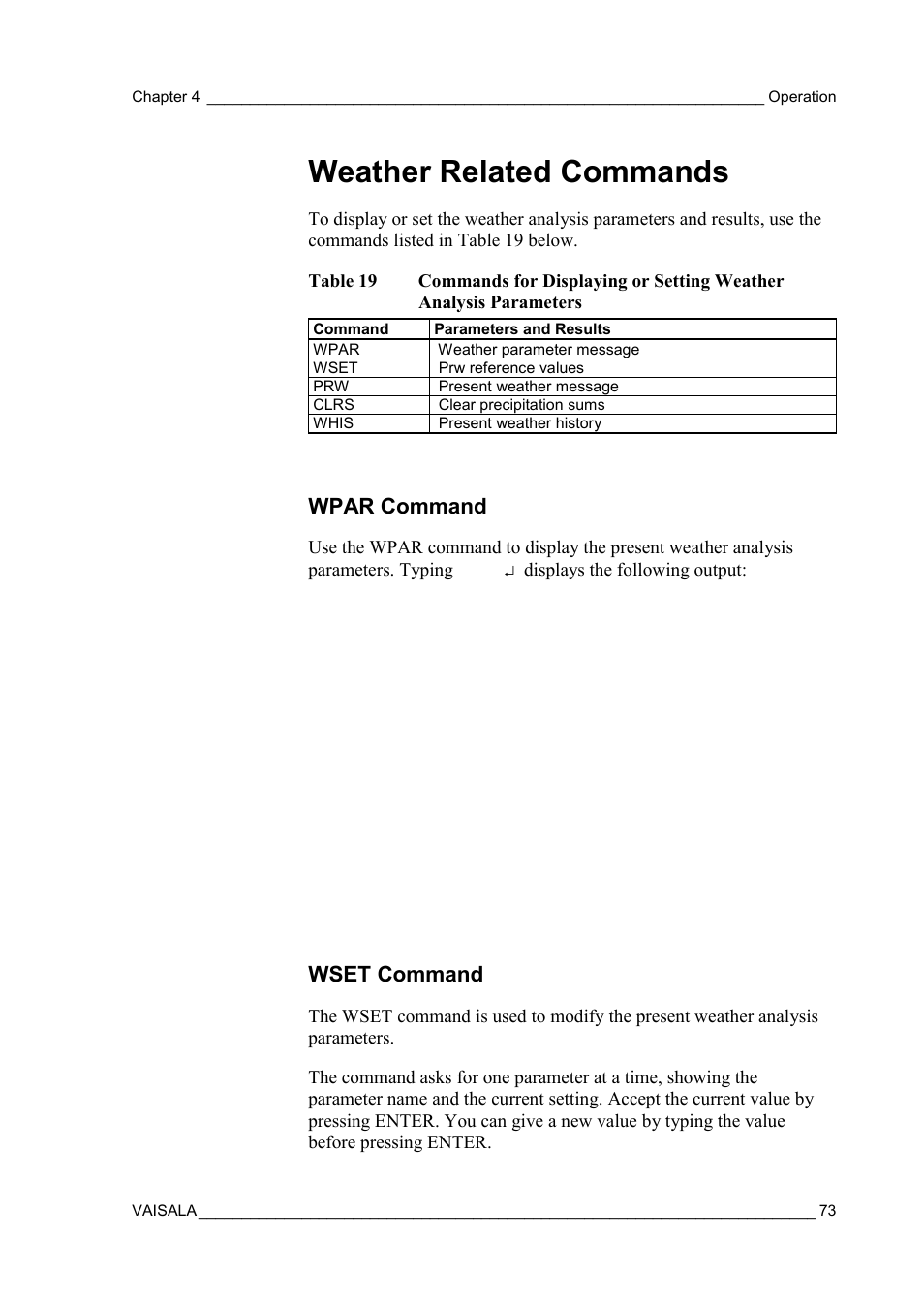 Weather related commands, Wpar command, Wset command | Wpar command wset command, Parameters | Vaisala FD12P User Manual | Page 73 / 154