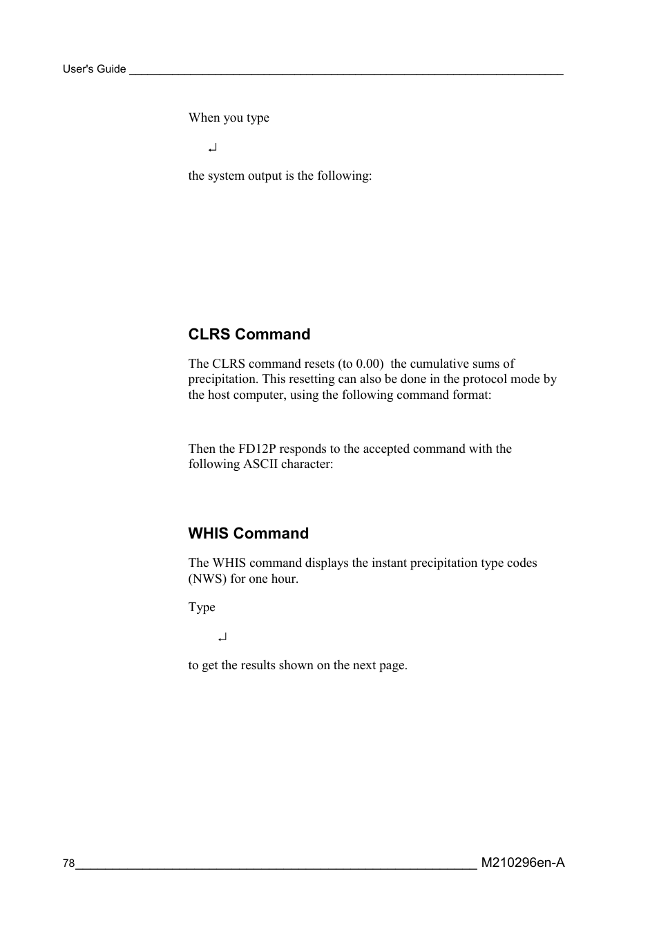 Clrs command, Whis command, Clrs command whis command | The system output is the following | Vaisala FD12P User Manual | Page 78 / 154