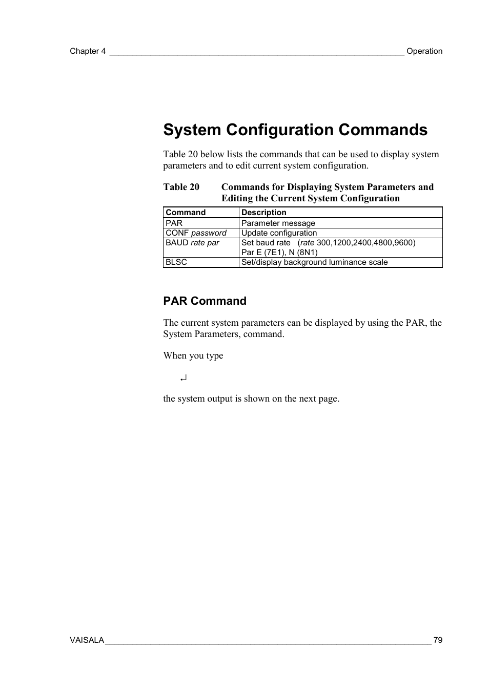 System configuration commands, Par command, Current system configuration | Vaisala FD12P User Manual | Page 79 / 154