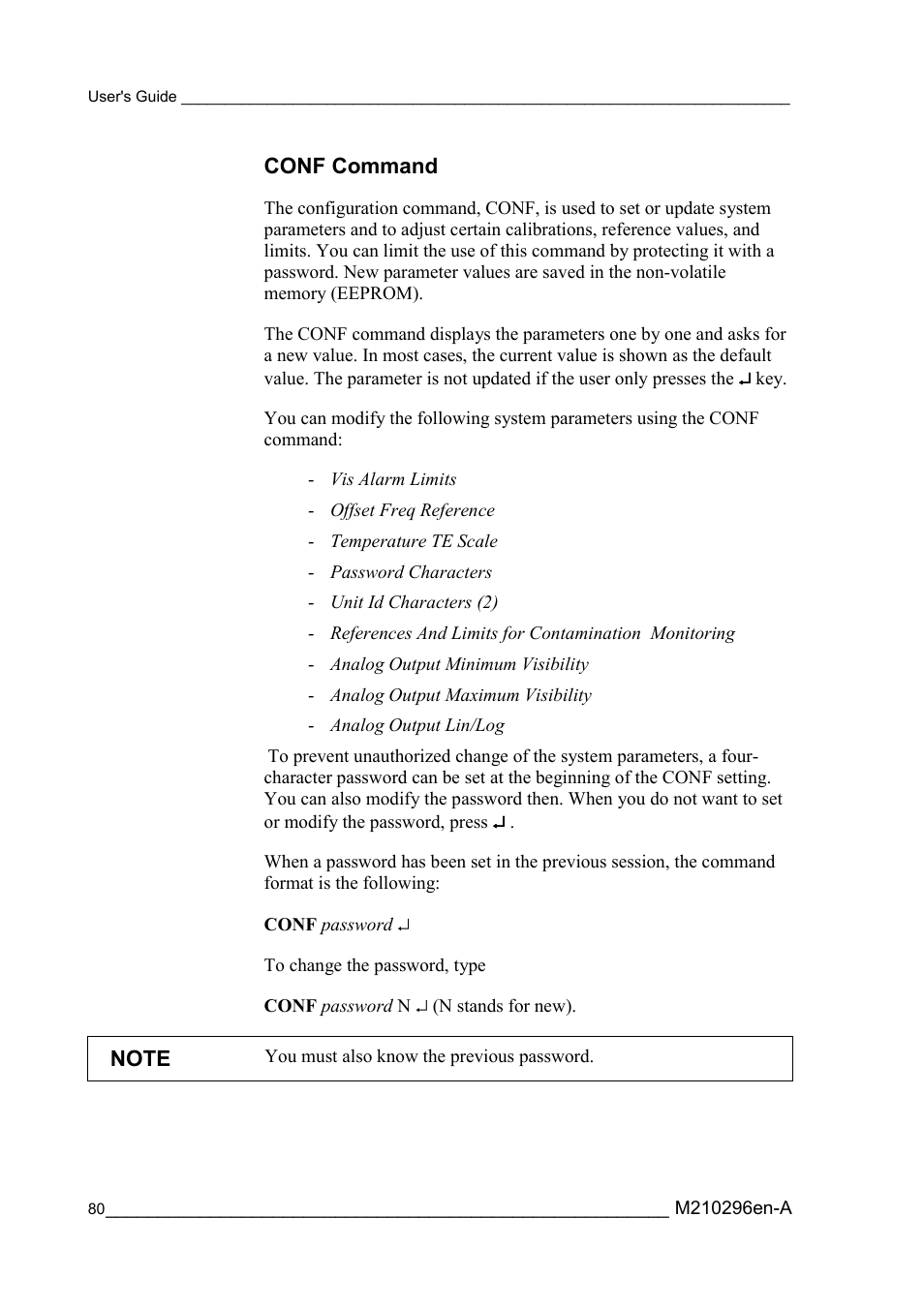 Conf command | Vaisala FD12P User Manual | Page 80 / 154