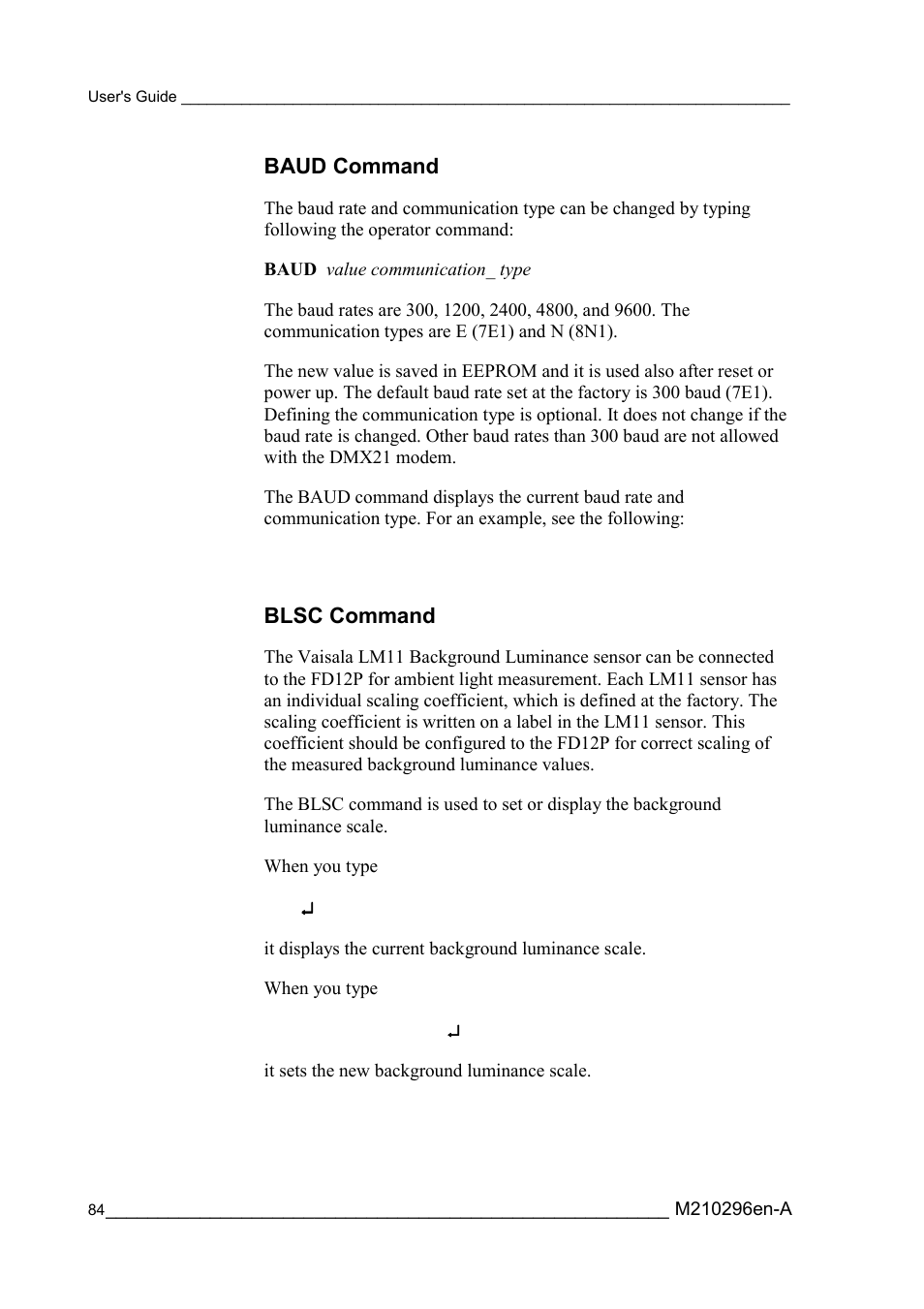 Baud command, Blsc command, Baud command blsc command | Vaisala FD12P User Manual | Page 84 / 154