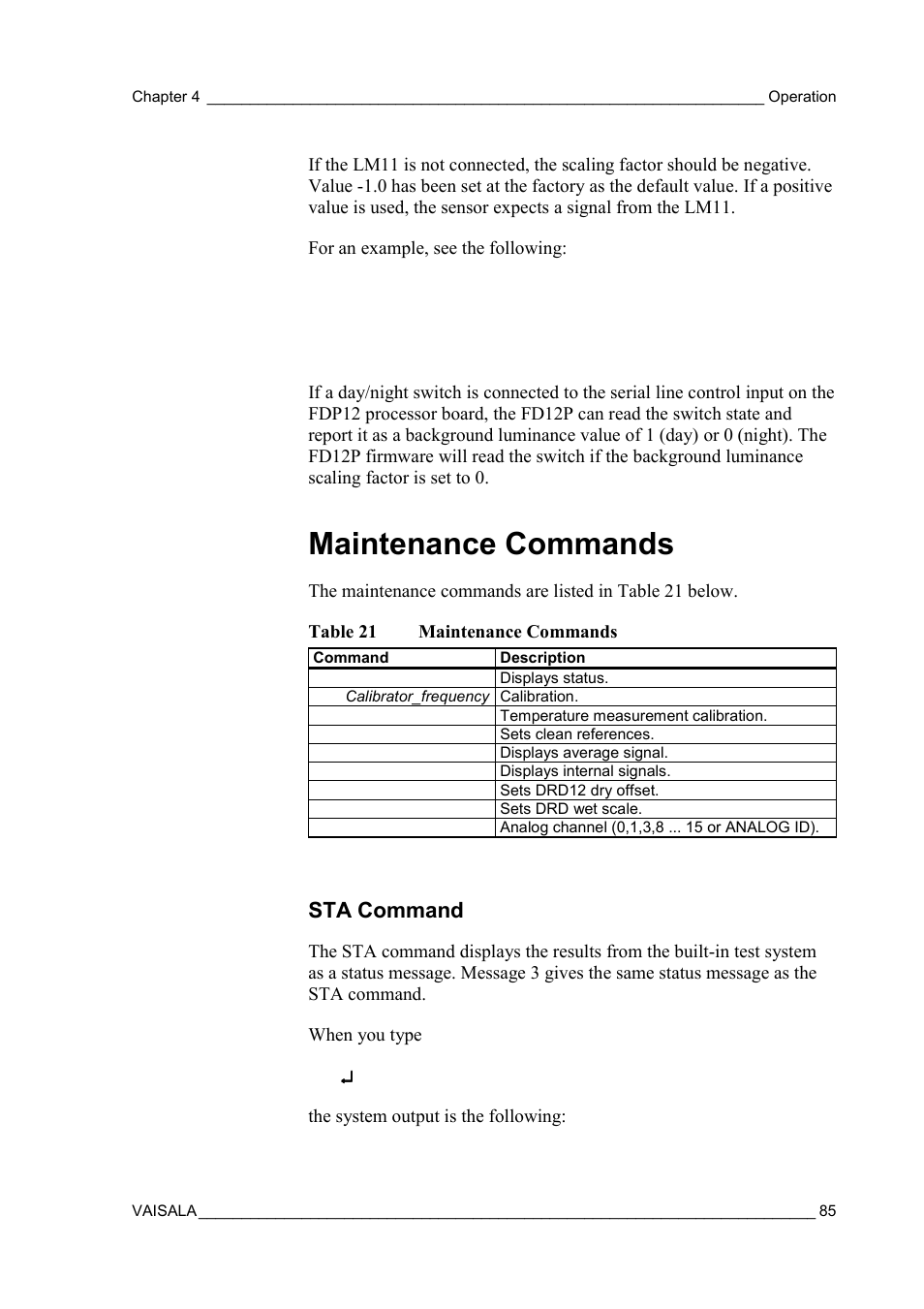 Maintenance commands, Sta command, Table 21 | Vaisala FD12P User Manual | Page 85 / 154