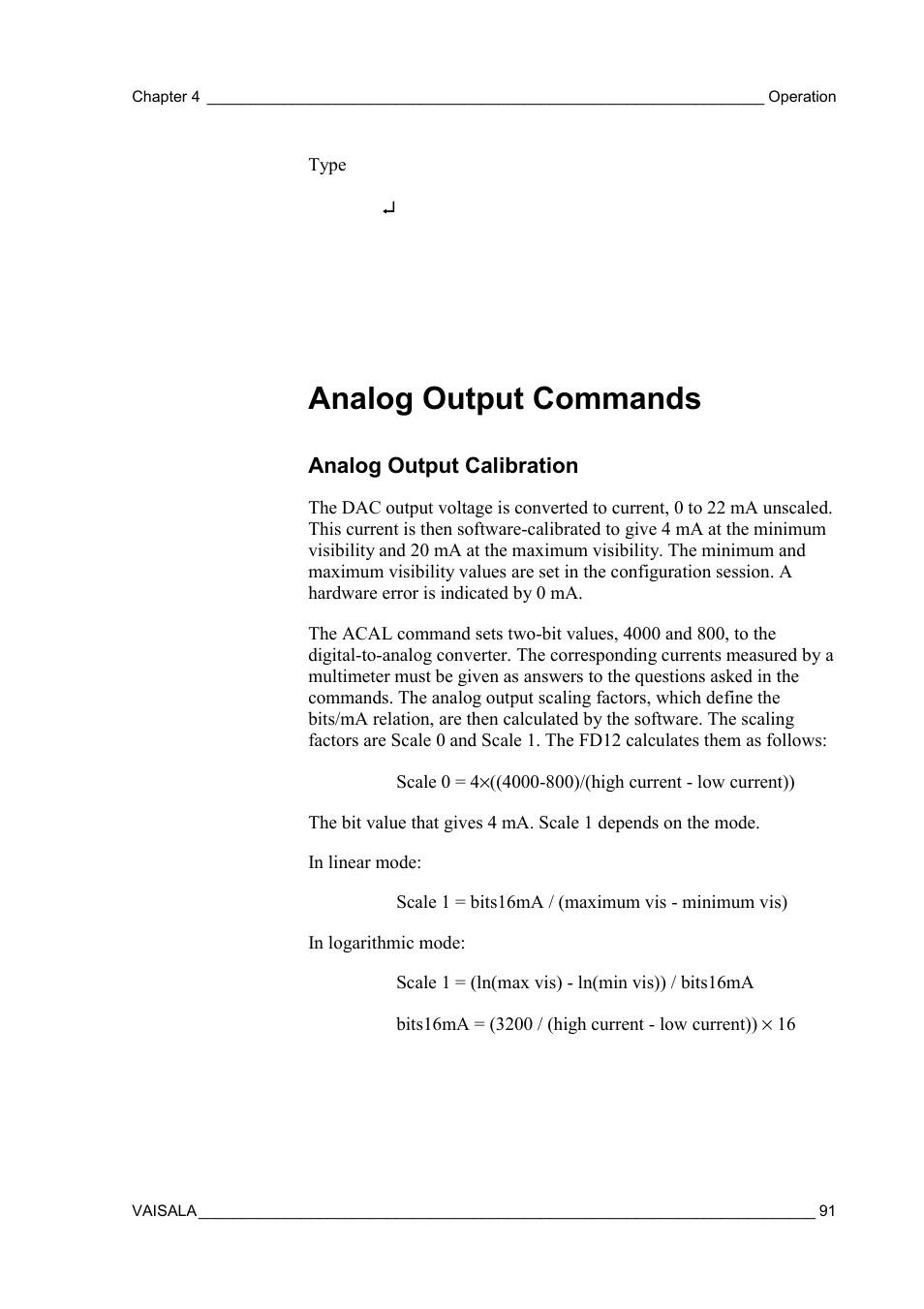 Analog output commands, Analog output calibration | Vaisala FD12P User Manual | Page 91 / 154