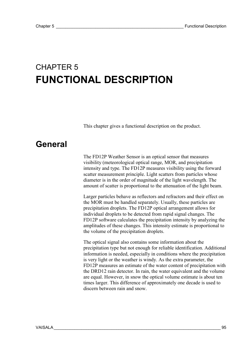 Functional description, General, The product | Chapter 5 | Vaisala FD12P User Manual | Page 95 / 154