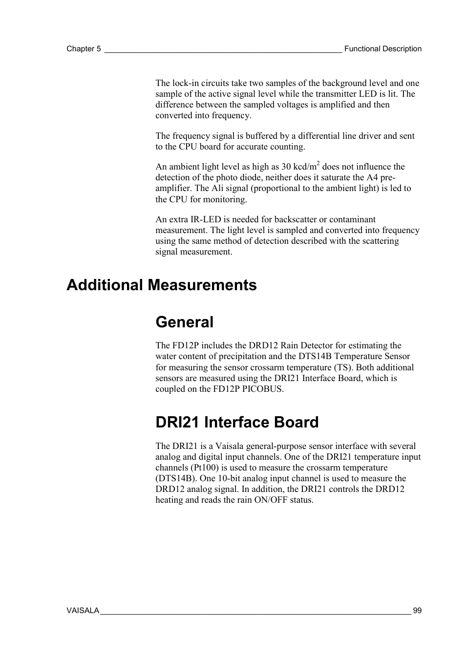 Additional measurements, General, Dri21 interface board | General dri21 interface board, Additional measurements general | Vaisala FD12P User Manual | Page 99 / 154