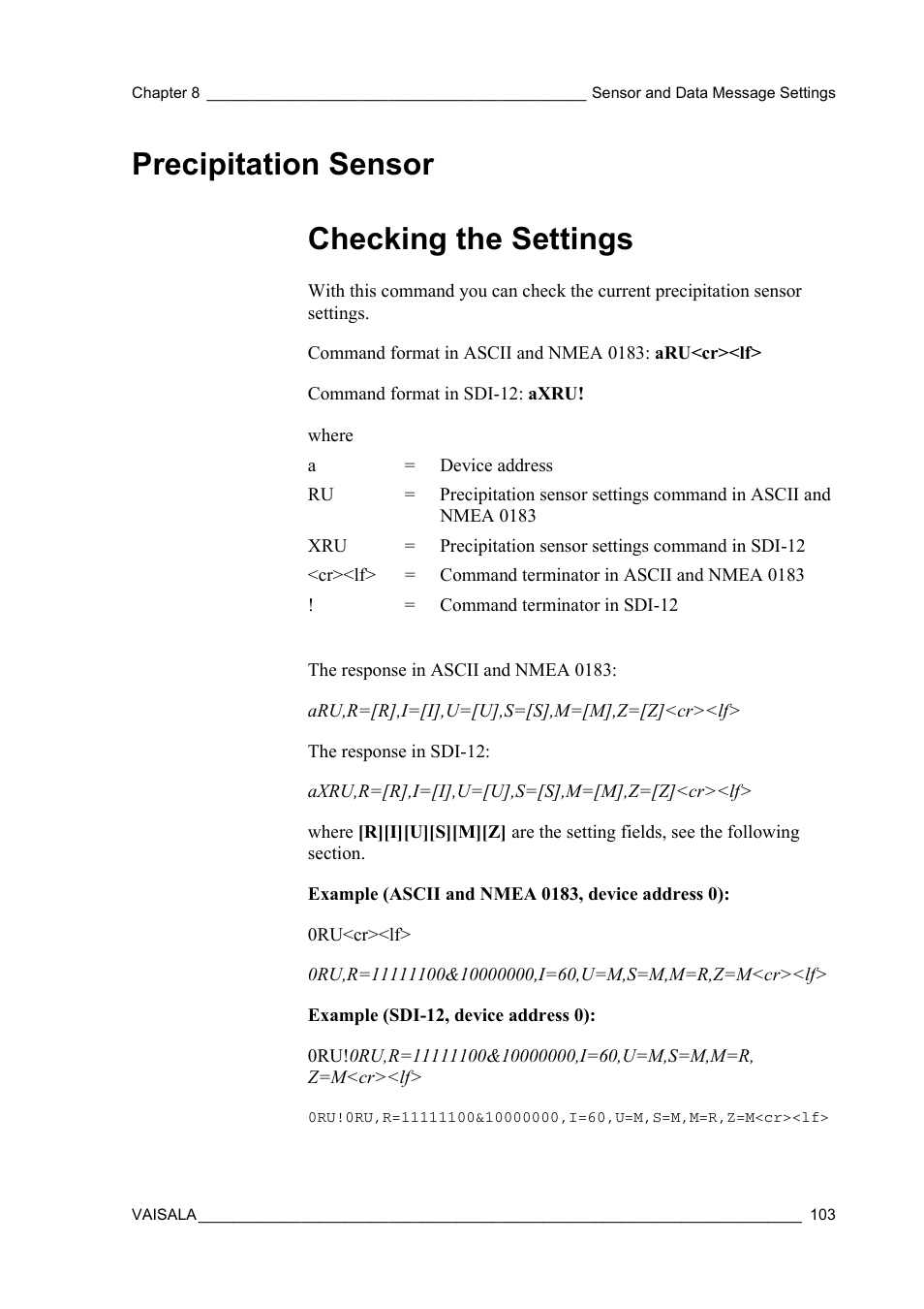 Precipitation sensor, Checking the settings, Precipitation sensor checking the settings | Vaisala WXT510 User Manual | Page 105 / 152