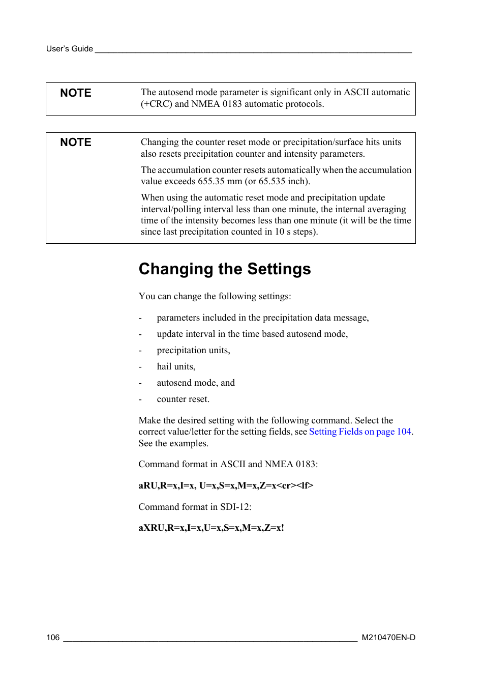 Changing the settings | Vaisala WXT510 User Manual | Page 108 / 152