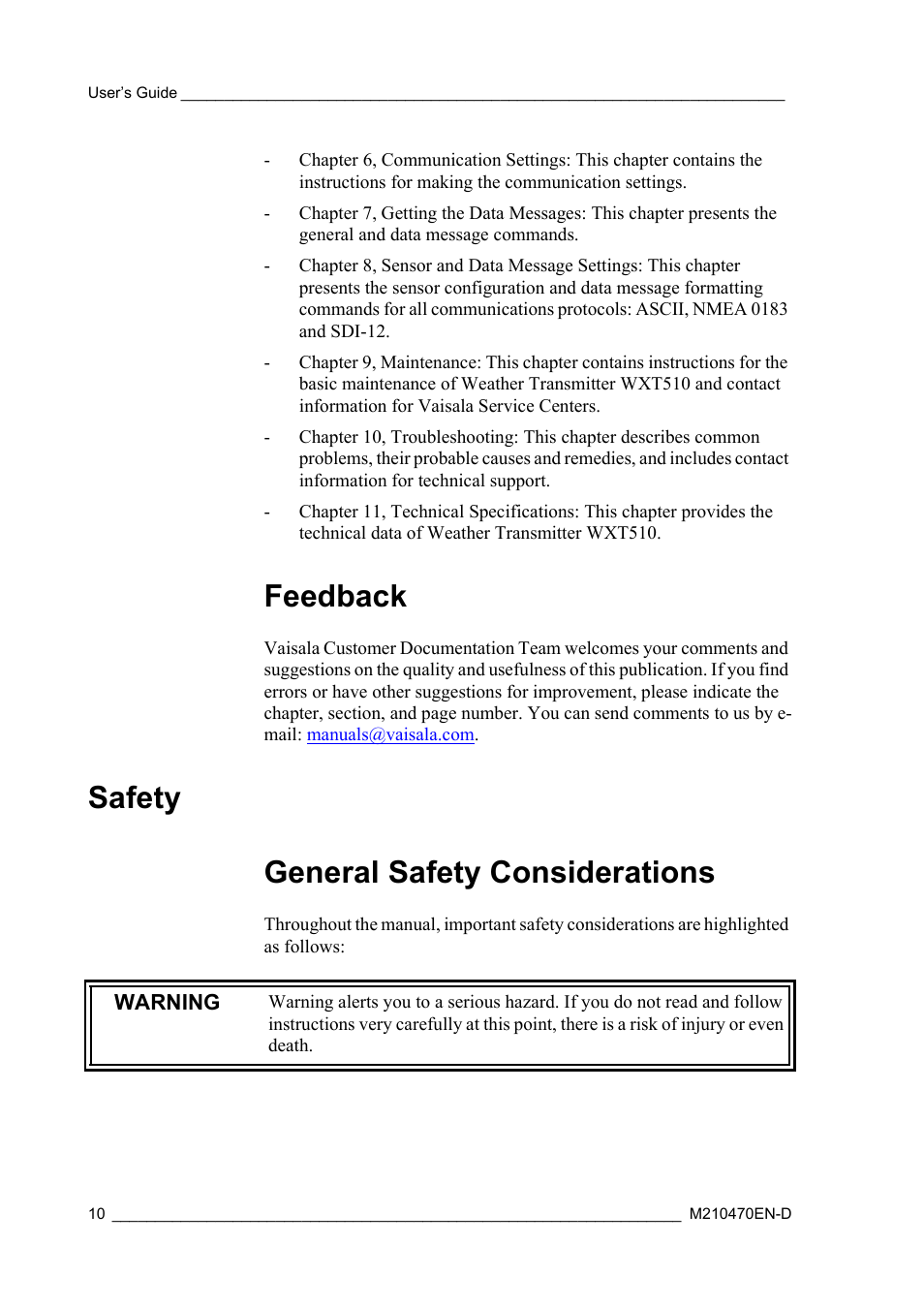 Feedback, Safety, General safety considerations | Safety general safety considerations | Vaisala WXT510 User Manual | Page 12 / 152