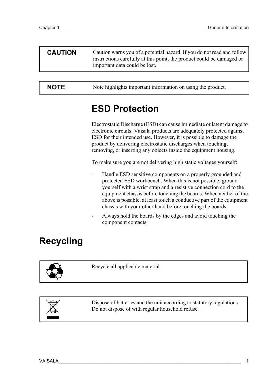 Esd protection, Recycling | Vaisala WXT510 User Manual | Page 13 / 152