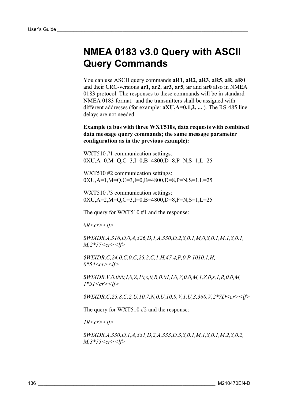 Nmea 0183 v3.0 query with ascii query commands | Vaisala WXT510 User Manual | Page 138 / 152