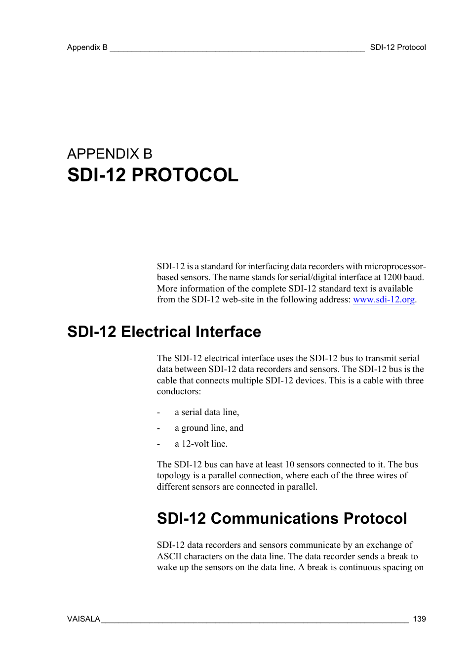 Appendix b sdi-12 protocol, Sdi-12 electrical interface, Sdi-12 communications protocol | Sdi-12 protocol, Appendix b | Vaisala WXT510 User Manual | Page 141 / 152