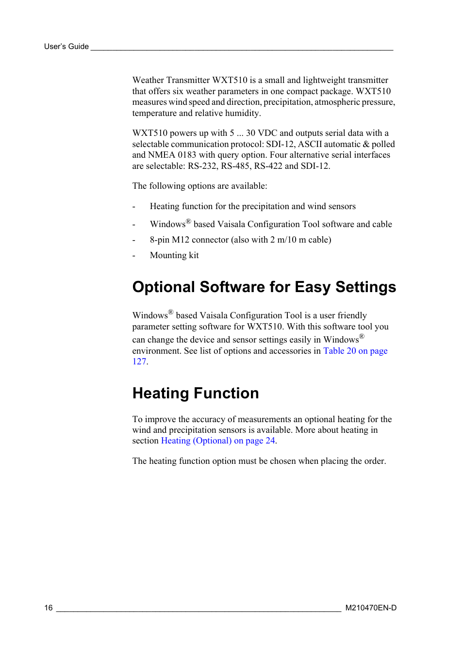 Optional software for easy settings, Heating function | Vaisala WXT510 User Manual | Page 18 / 152