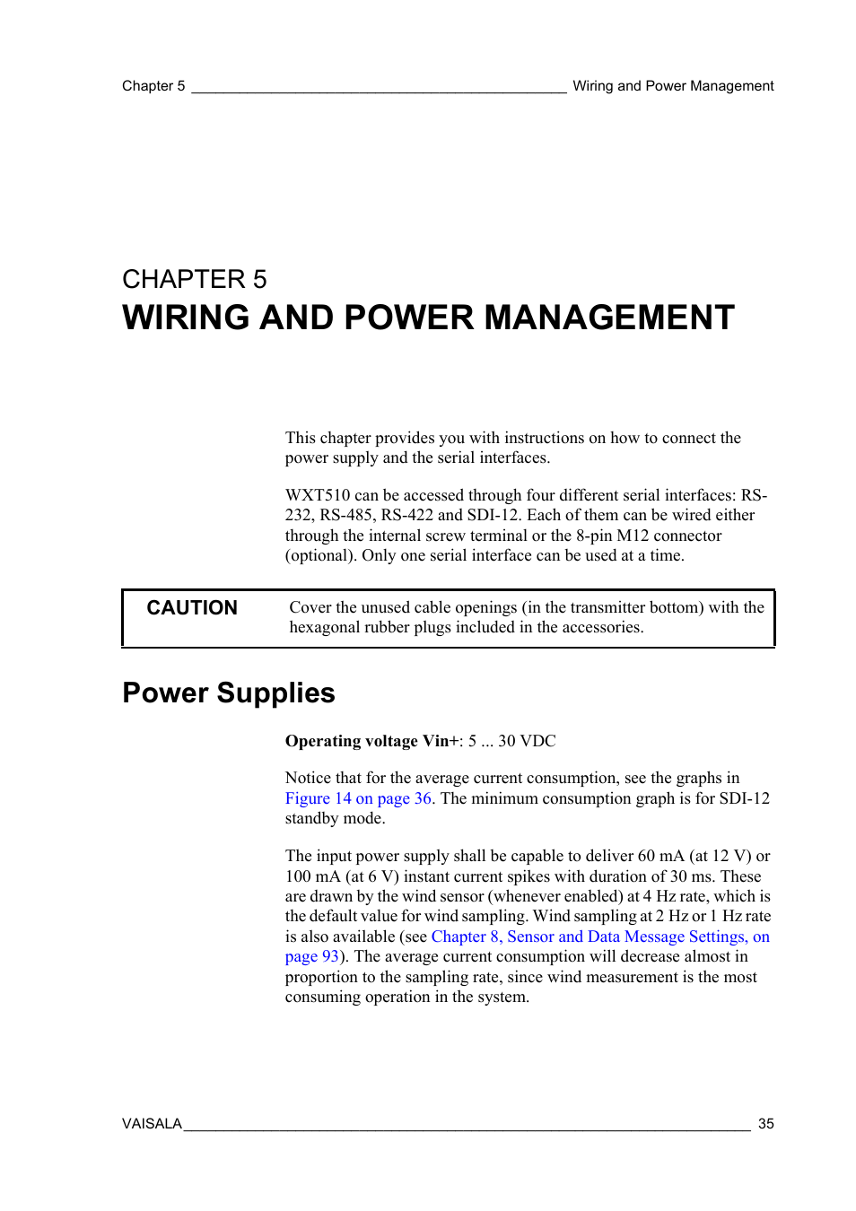 Chapter 5 wiring and power management, Power supplies, Wiring and power management | Chapter 5 | Vaisala WXT510 User Manual | Page 37 / 152