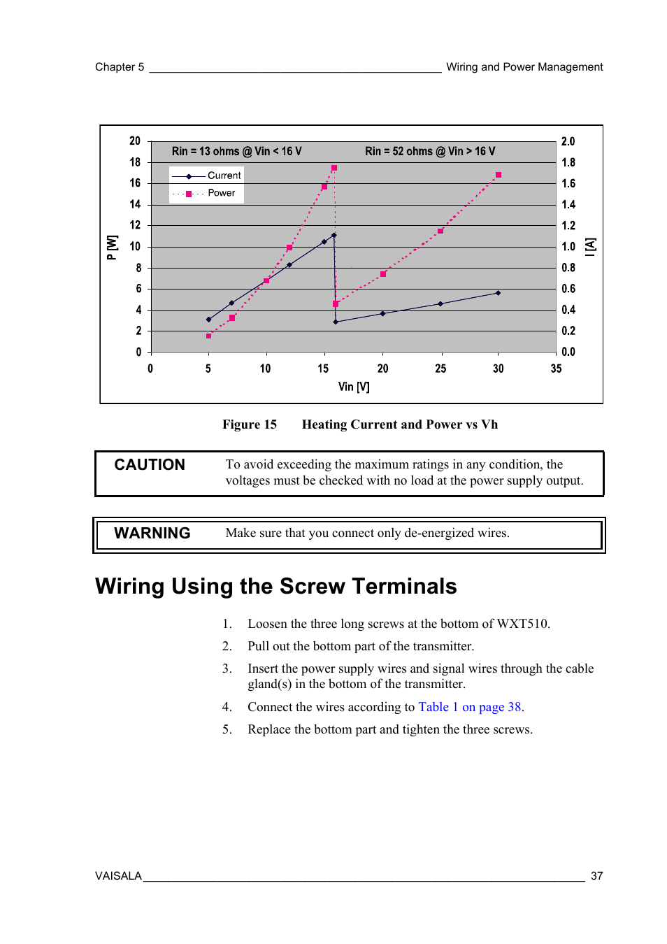 Wiring using the screw terminals | Vaisala WXT510 User Manual | Page 39 / 152