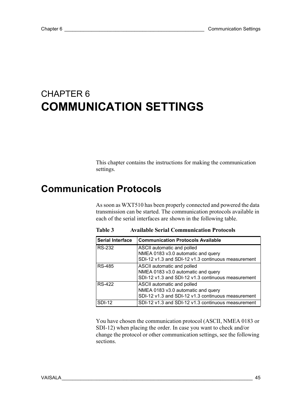 Chapter 6 communication settings, Communication protocols, Communication settings | Chapter 6 | Vaisala WXT510 User Manual | Page 47 / 152