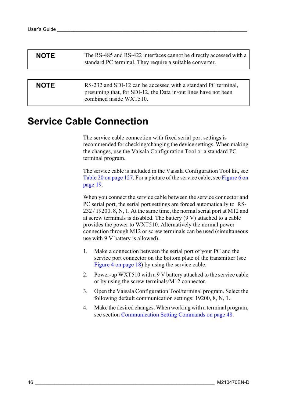 Service cable connection | Vaisala WXT510 User Manual | Page 48 / 152