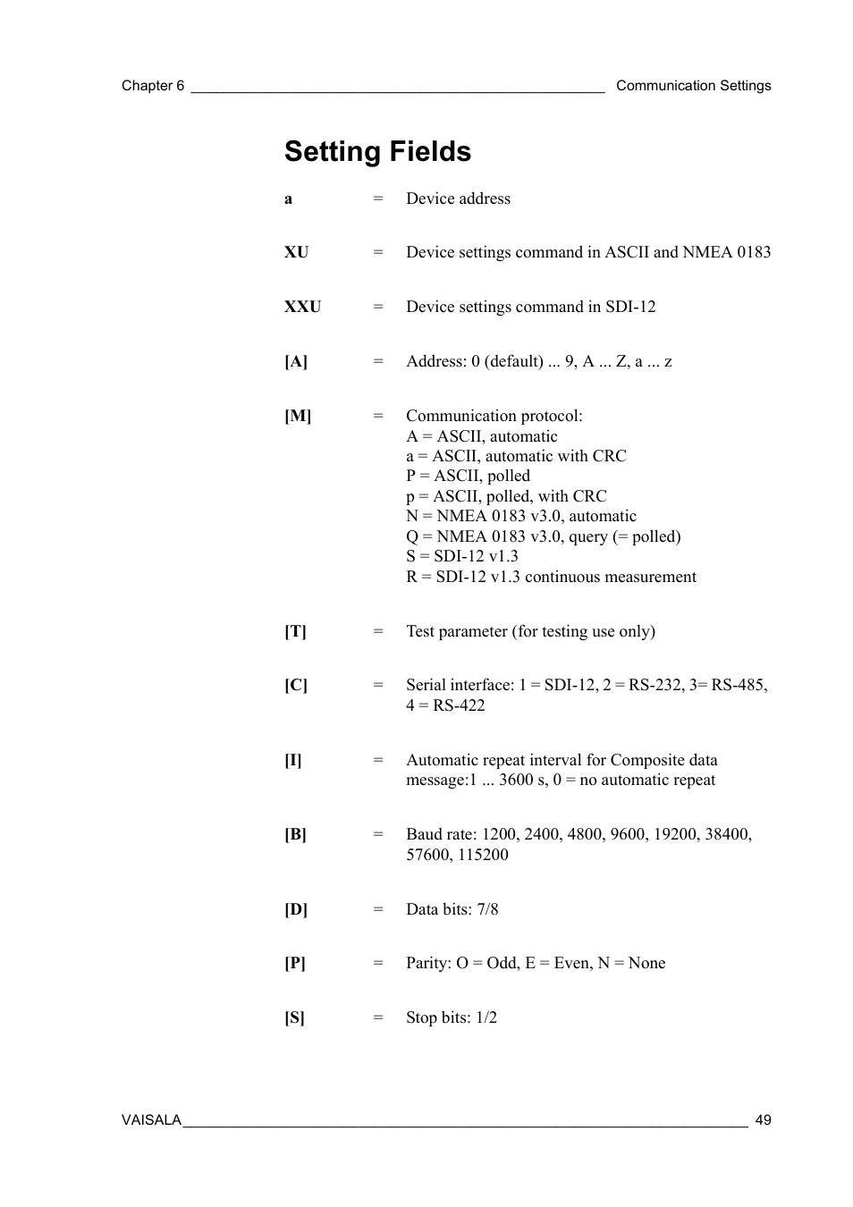 Setting fields | Vaisala WXT510 User Manual | Page 51 / 152