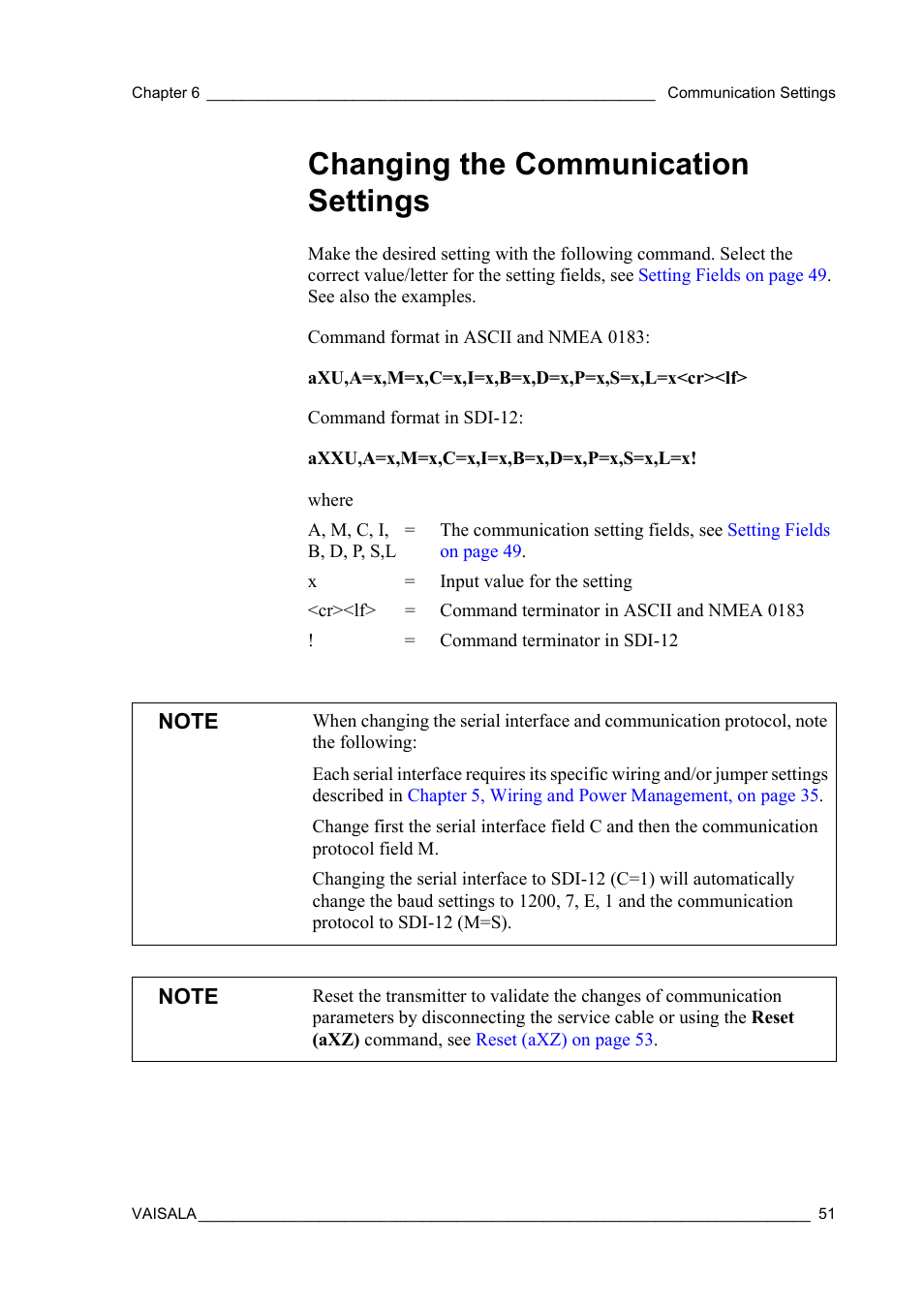 Changing the communication settings | Vaisala WXT510 User Manual | Page 53 / 152