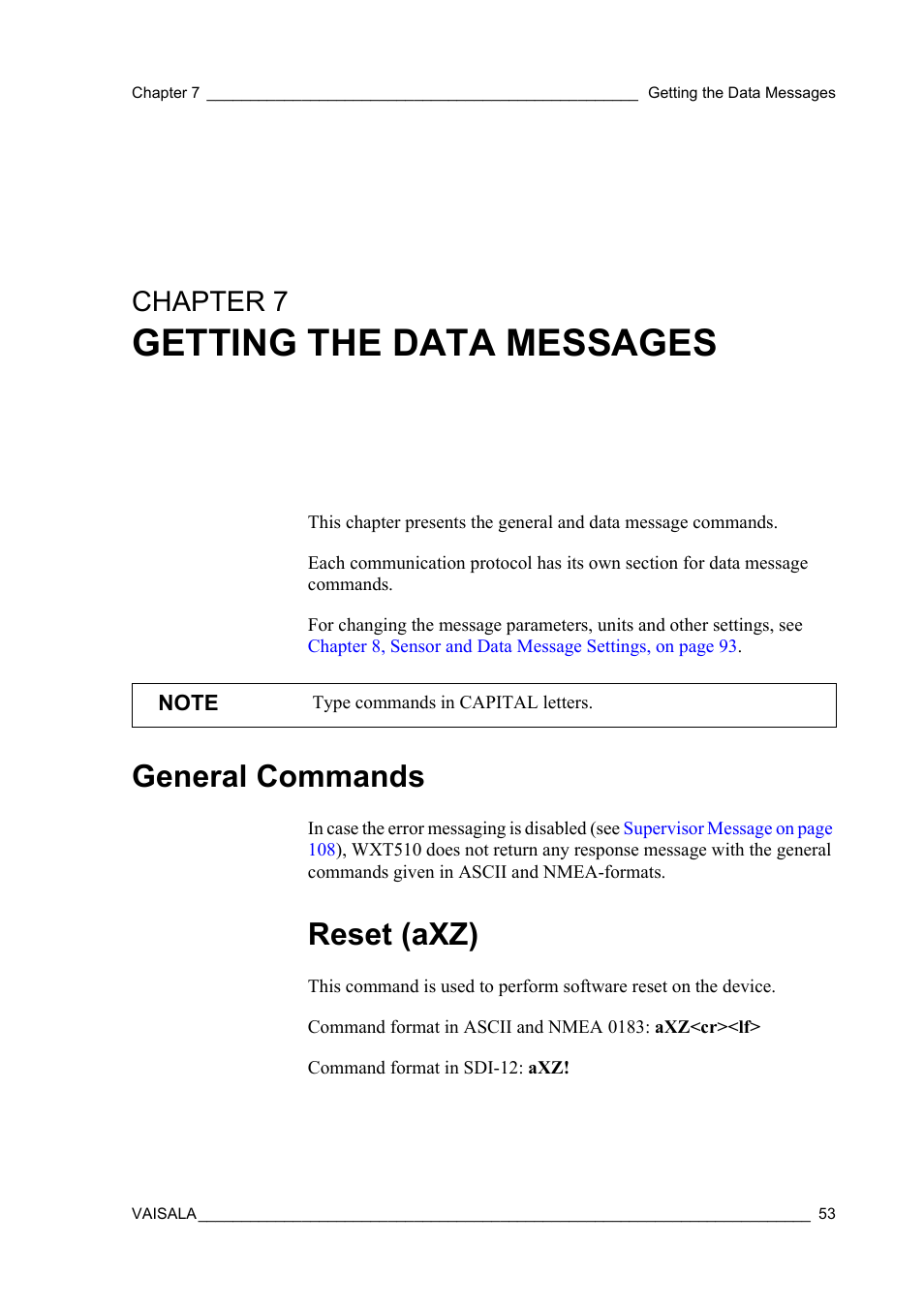 Chapter 7 getting the data messages, General commands, Reset (axz) | Getting the data messages, Chapter 7 | Vaisala WXT510 User Manual | Page 55 / 152