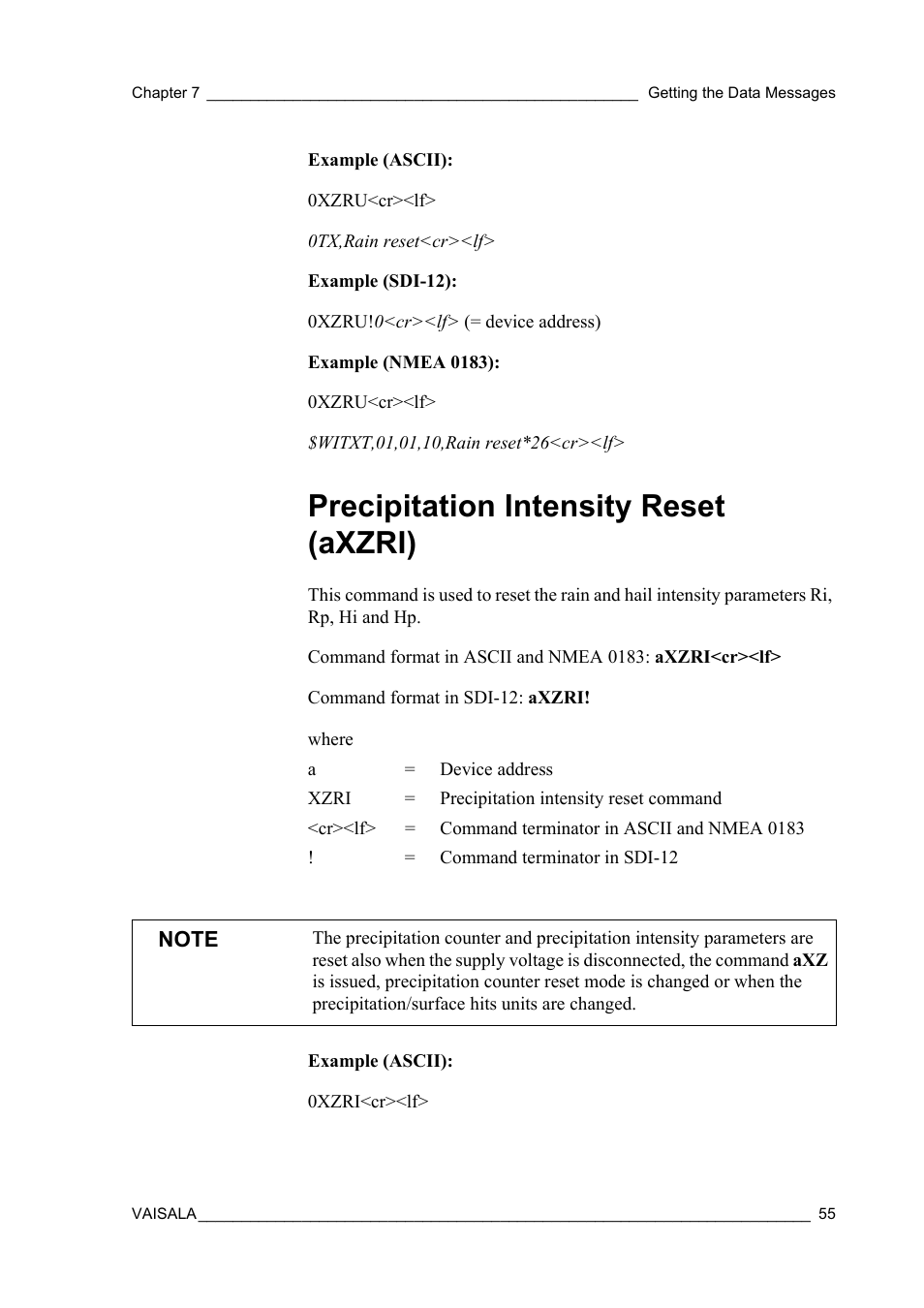 Precipitation intensity reset (axzri) | Vaisala WXT510 User Manual | Page 57 / 152
