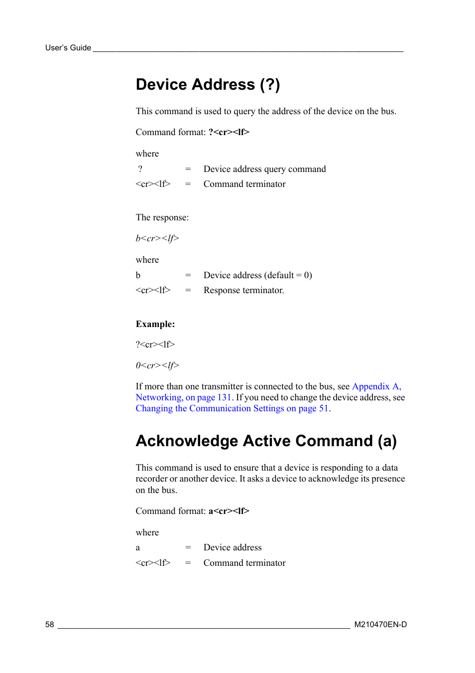 Device address (?), Acknowledge active command (a) | Vaisala WXT510 User Manual | Page 60 / 152
