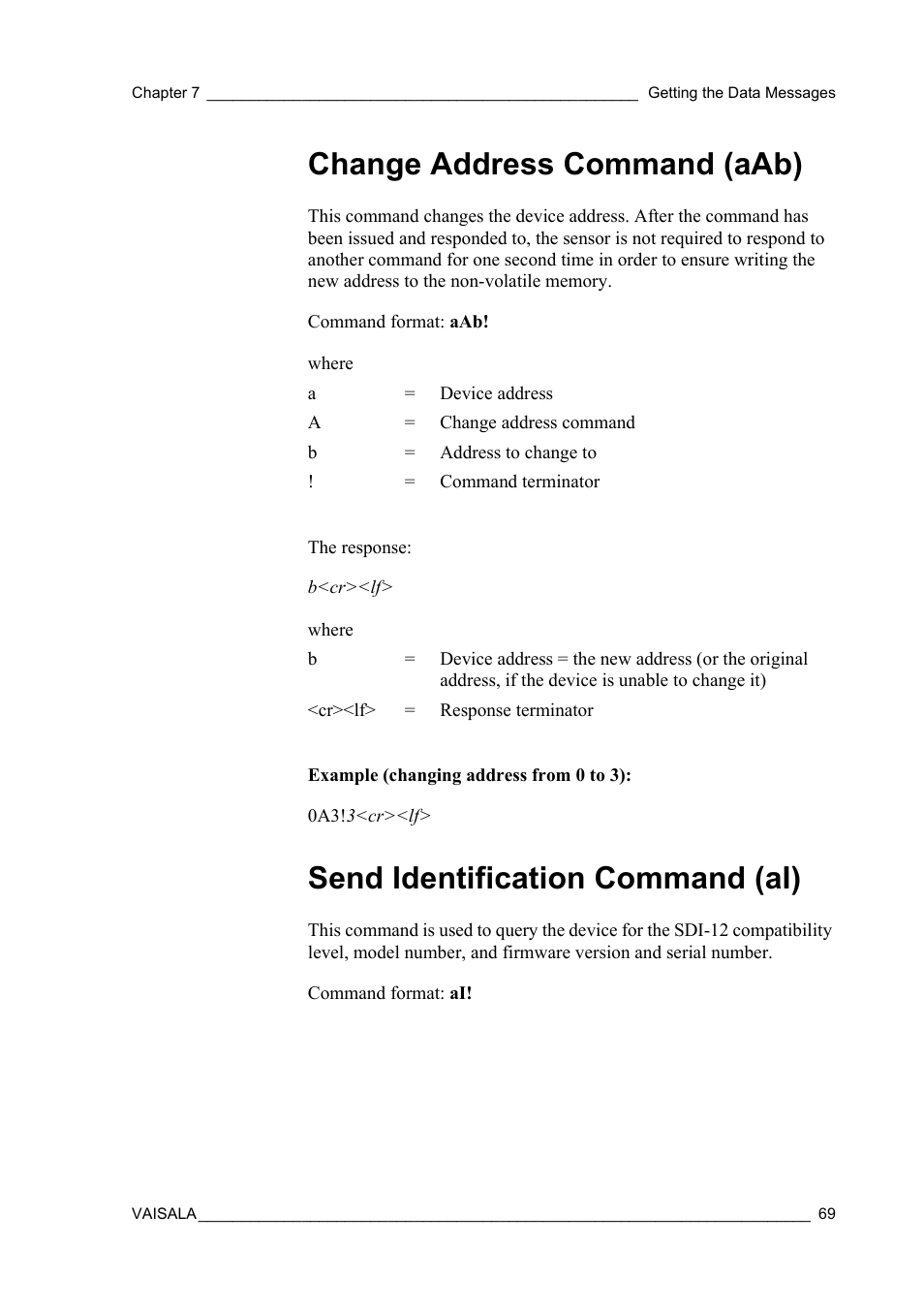Change address command (aab), Send identification command (ai) | Vaisala WXT510 User Manual | Page 71 / 152