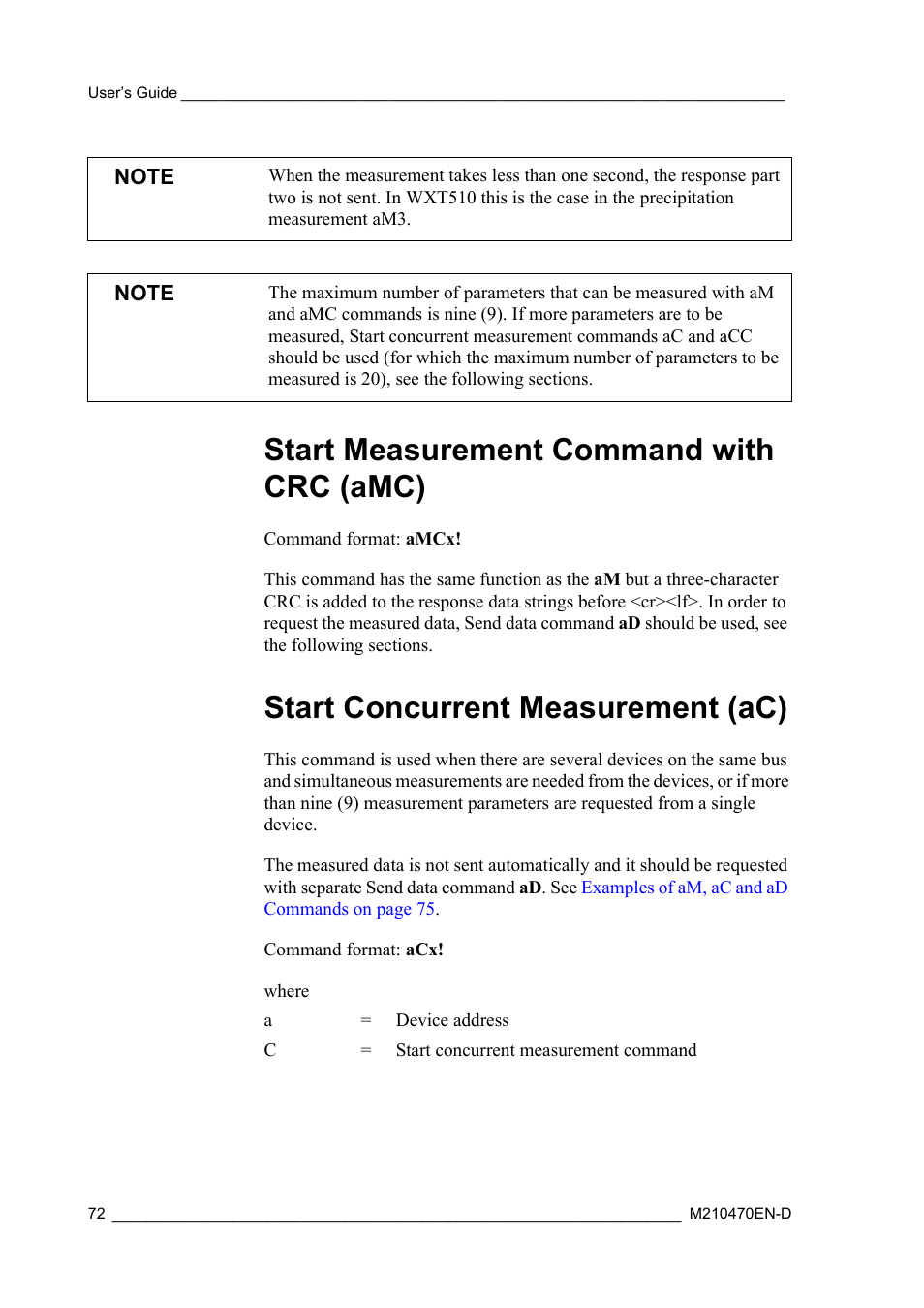 Start measurement command with crc (amc), Start concurrent measurement (ac) | Vaisala WXT510 User Manual | Page 74 / 152