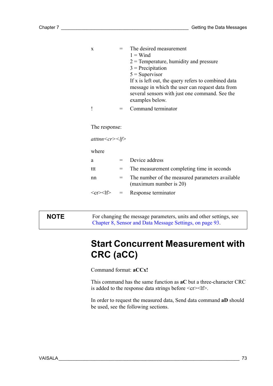 Start concurrent measurement with crc (acc) | Vaisala WXT510 User Manual | Page 75 / 152