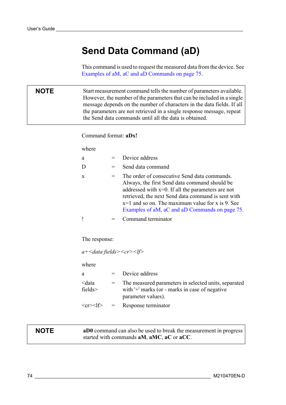Send data command (ad) | Vaisala WXT510 User Manual | Page 76 / 152