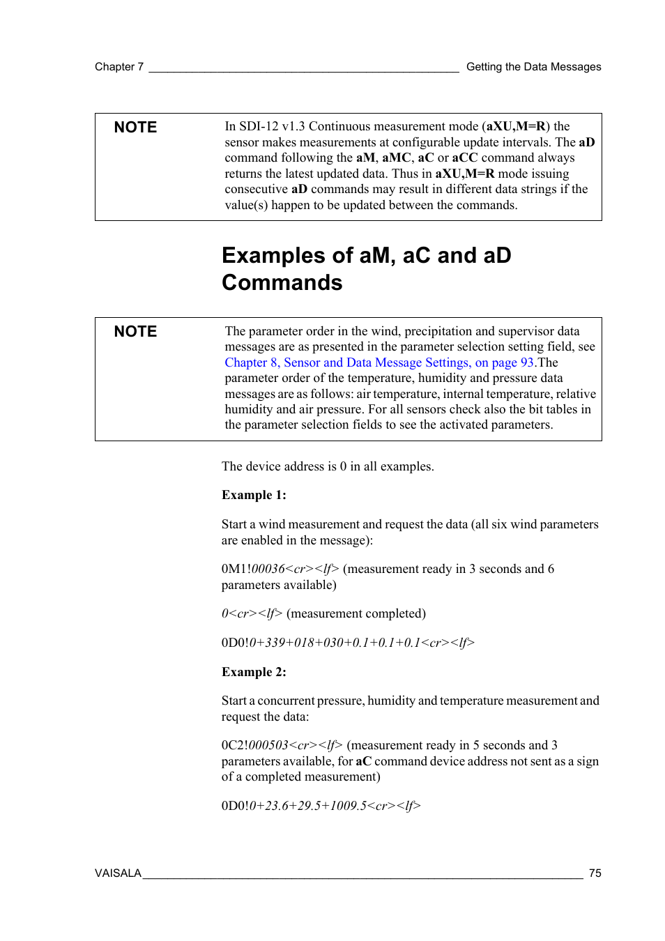 Examples of am, ac and ad commands | Vaisala WXT510 User Manual | Page 77 / 152