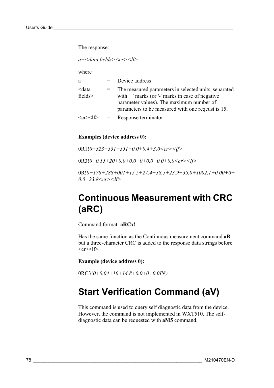 Continuous measurement with crc (arc), Start verification command (av) | Vaisala WXT510 User Manual | Page 80 / 152