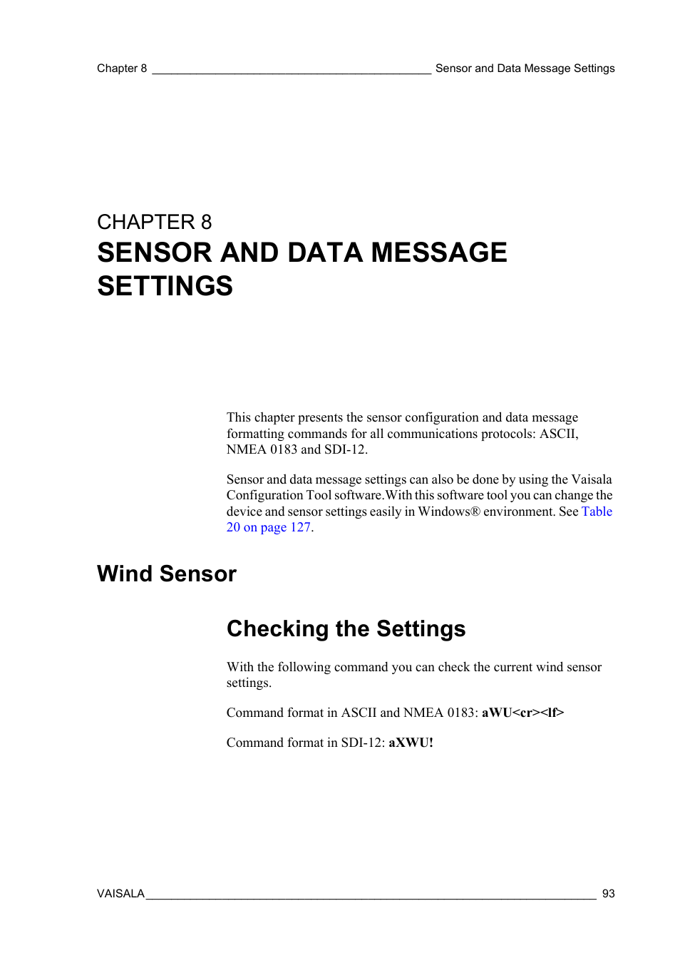 Chapter 8 sensor and data message settings, Wind sensor, Checking the settings | Sensor and data message settings, Wind sensor checking the settings, Chapter 8 | Vaisala WXT510 User Manual | Page 95 / 152