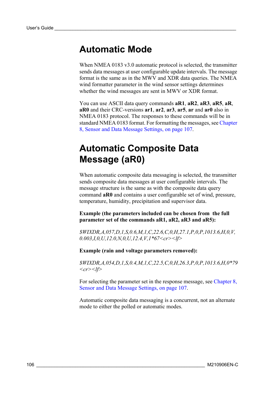 Automatic mode, Automatic composite data message (ar0) | Vaisala WXT520 User Manual | Page 108 / 171