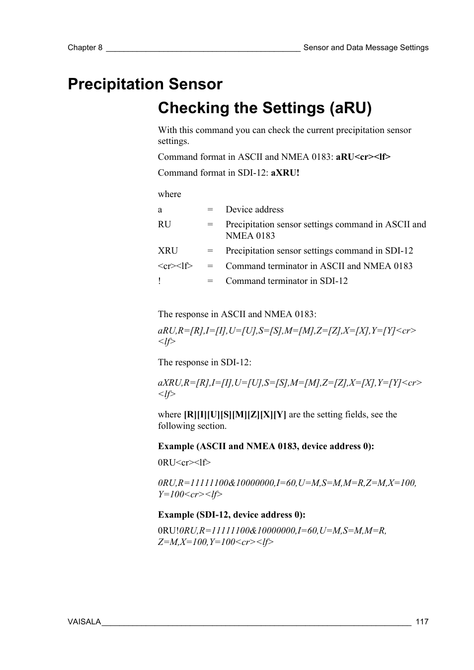 Precipitation sensor, Checking the settings (aru), Nsor settings, see section | Precipitation, Precipitation sensor checking the settings (aru) | Vaisala WXT520 User Manual | Page 119 / 171