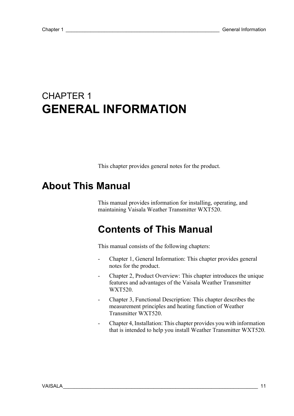 Chapter 1 general information, About this manual, Contents of this manual | Chapter 1, General information | Vaisala WXT520 User Manual | Page 13 / 171