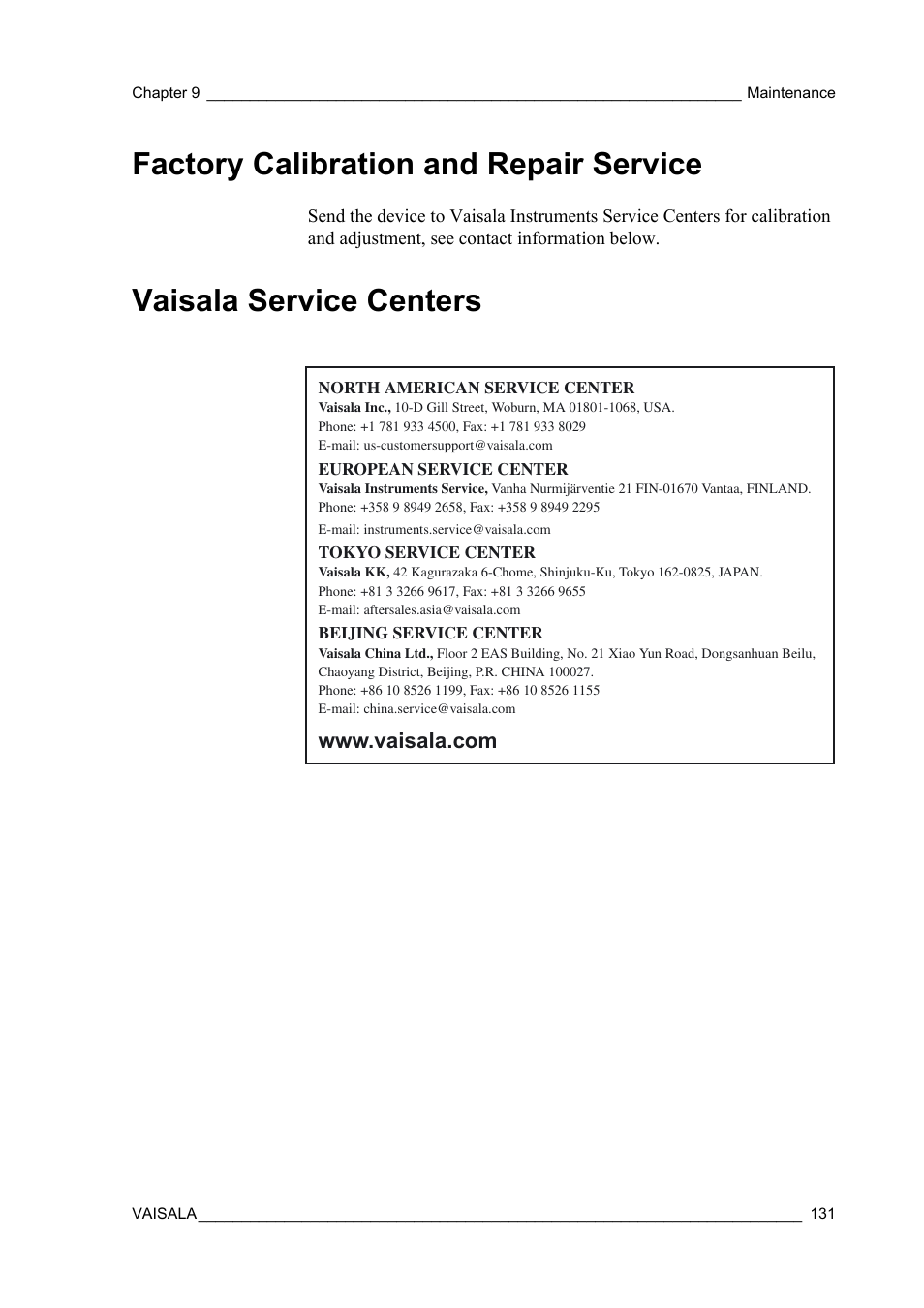 Factory calibration and repair service, Vaisala service centers | Vaisala WXT520 User Manual | Page 133 / 171