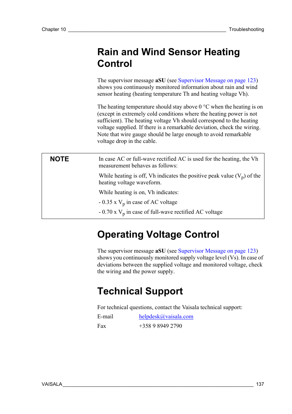 Rain and wind sensor heating control, Operating voltage control, Technical support | Vaisala WXT520 User Manual | Page 139 / 171