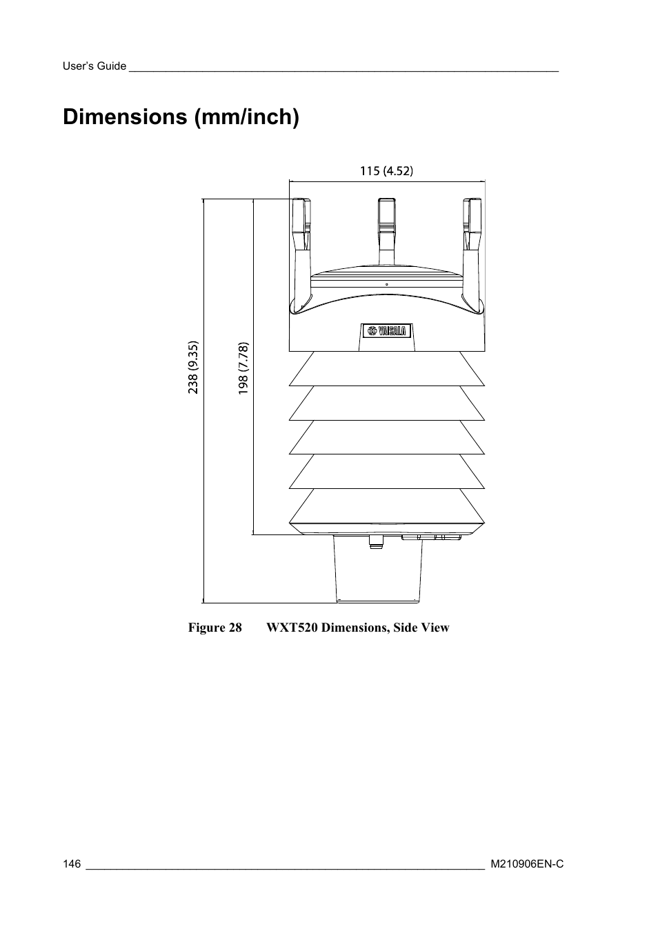 Dimensions (mm/inch), Figure 28, Wxt520 dimensions, side view | Vaisala WXT520 User Manual | Page 148 / 171