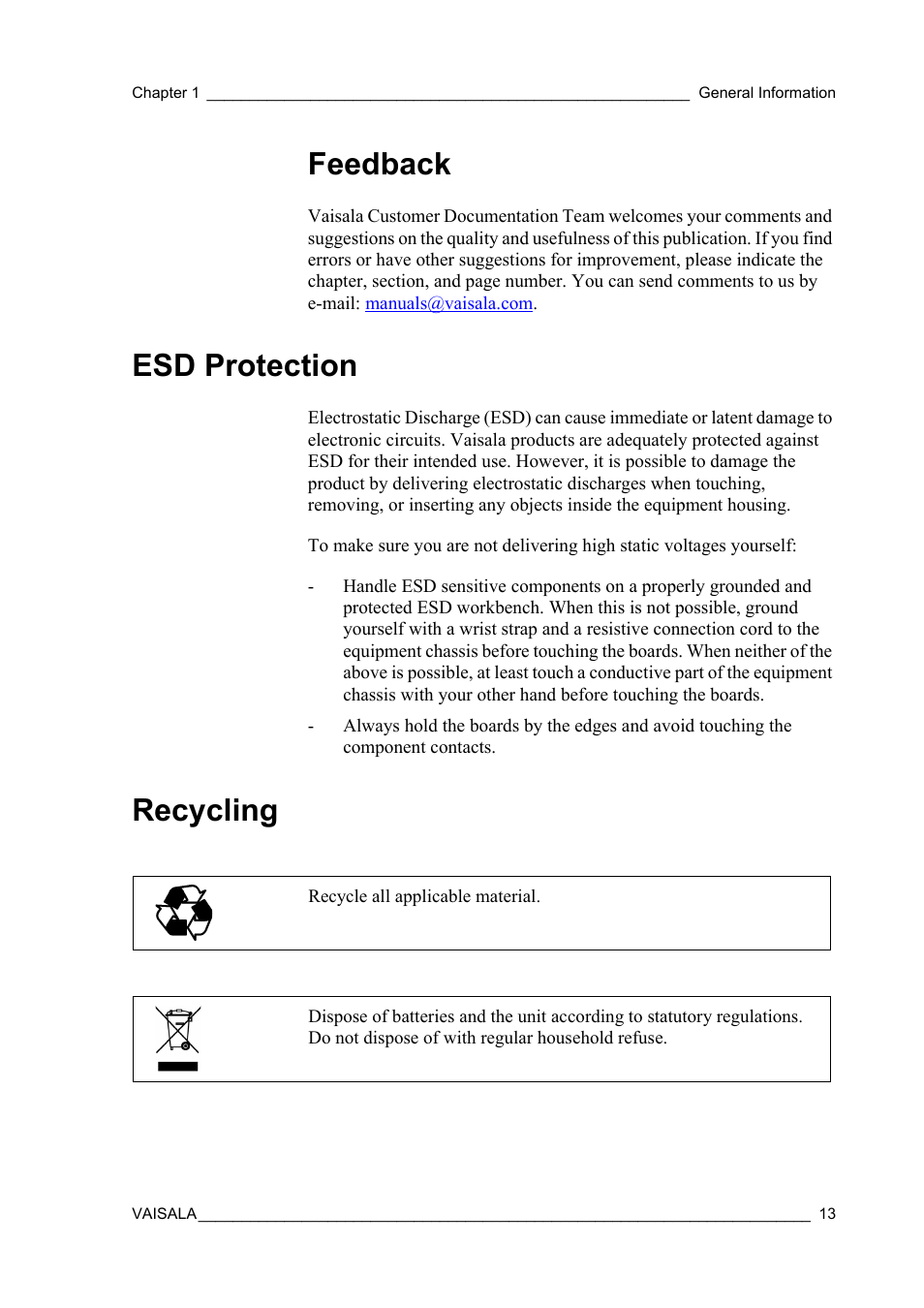 Feedback, Esd protection, Recycling | Esd protection recycling | Vaisala WXT520 User Manual | Page 15 / 171