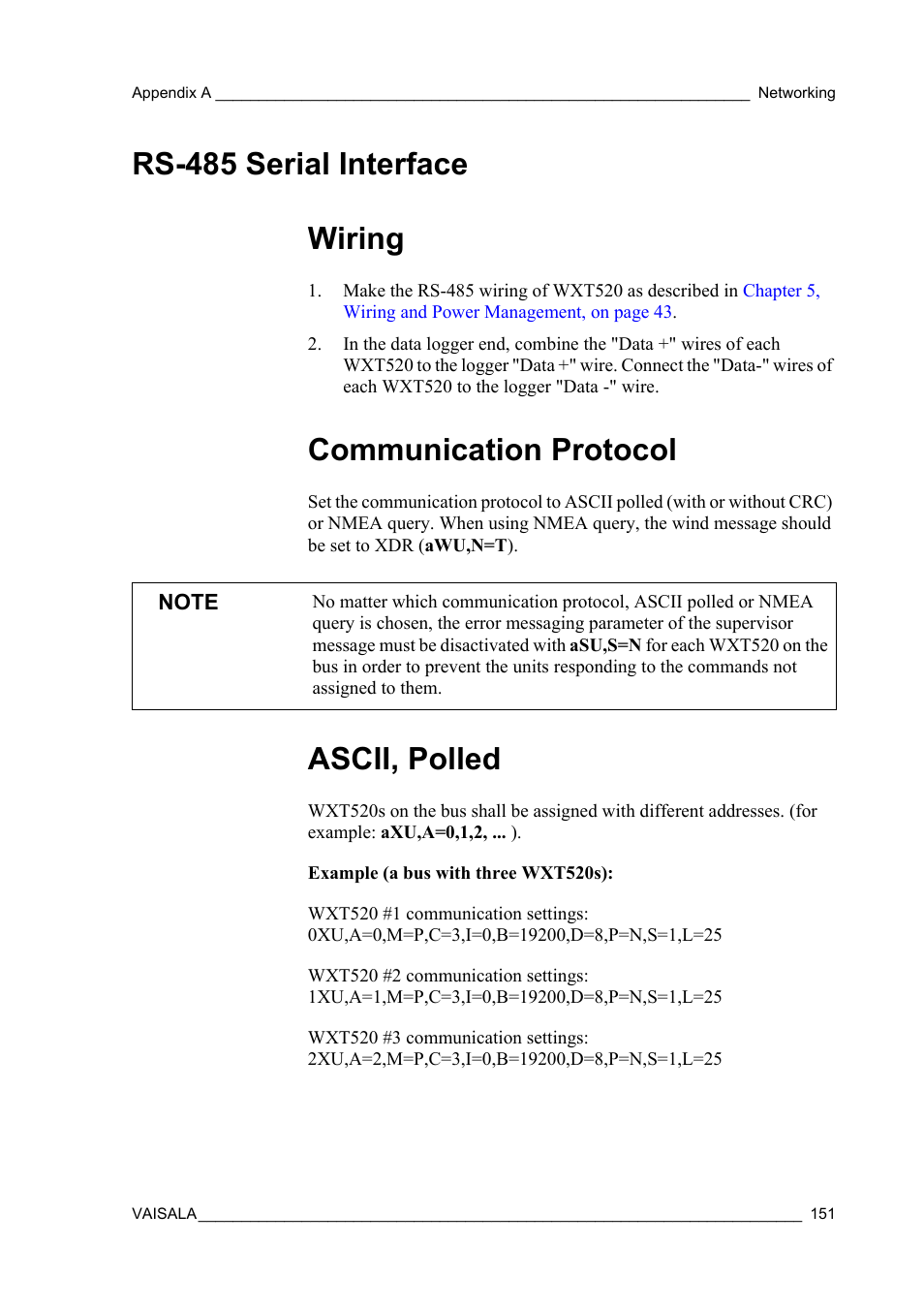 Rs-485 serial interface, Wiring, Communication protocol | Ascii, polled, Wiring communication protocol ascii, polled, Rs-485 serial interface wiring | Vaisala WXT520 User Manual | Page 153 / 171