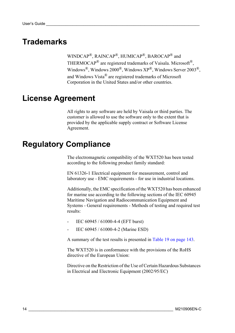 Trademarks, License agreement, Regulatory compliance | Trademarks license agreement regulatory compliance | Vaisala WXT520 User Manual | Page 16 / 171