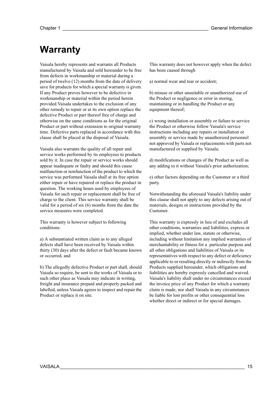 Warranty | Vaisala WXT520 User Manual | Page 17 / 171