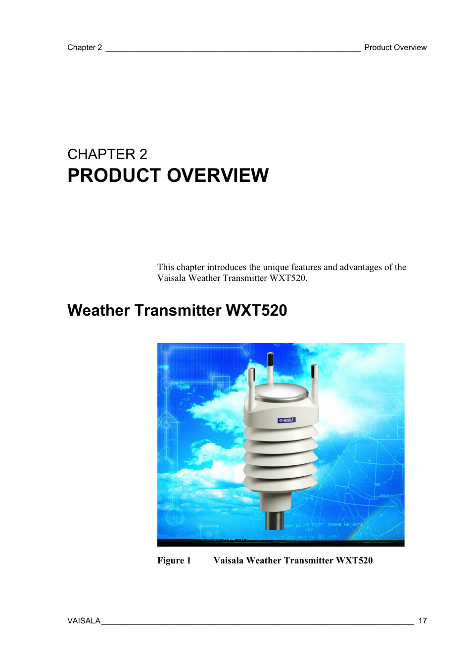 Chapter 2 product overview, Weather transmitter wxt520, Chapter 2 | Figure 1, Vaisala weather transmitter wxt520, Product overview | Vaisala WXT520 User Manual | Page 19 / 171