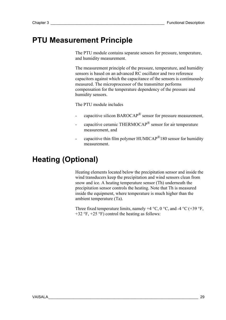 Ptu measurement principle, Heating (optional), Ptu measurement principle heating (optional) | Vaisala WXT520 User Manual | Page 31 / 171