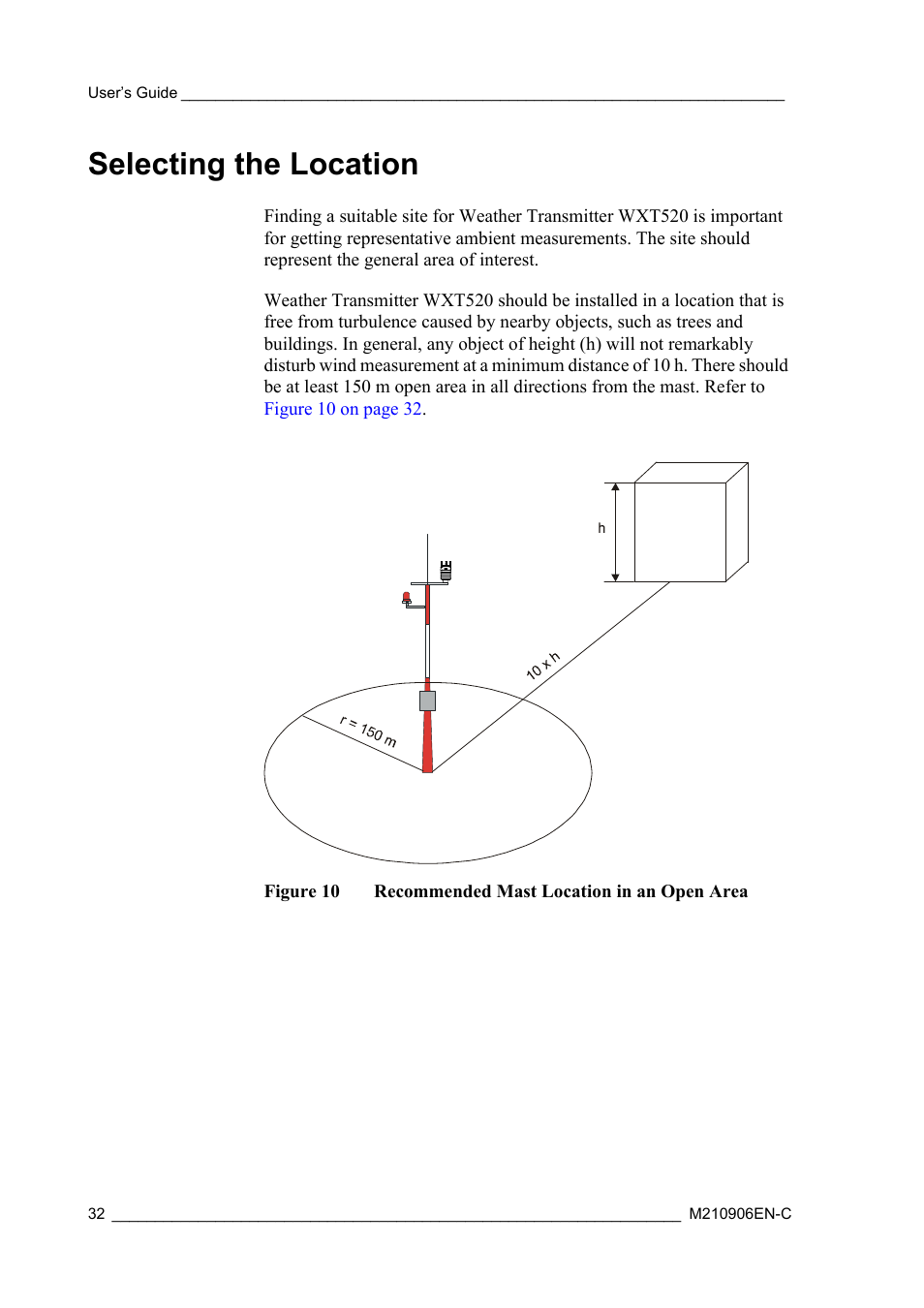 Selecting the location, Figure 10, Recommended mast location in an open area | Vaisala WXT520 User Manual | Page 34 / 171