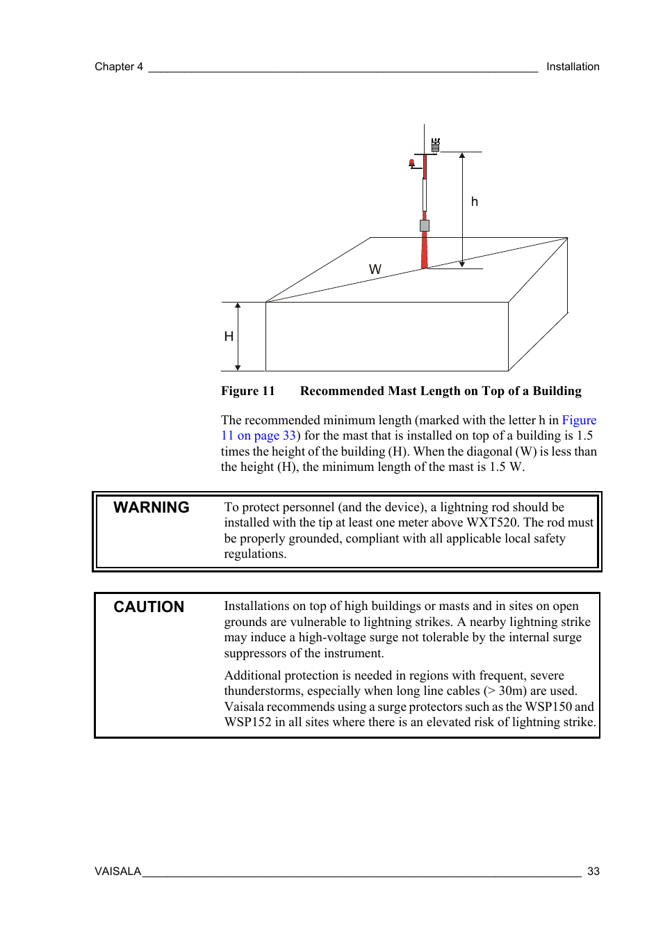 Figure 11, Recommended mast length on top of a building, Warning | Caution | Vaisala WXT520 User Manual | Page 35 / 171