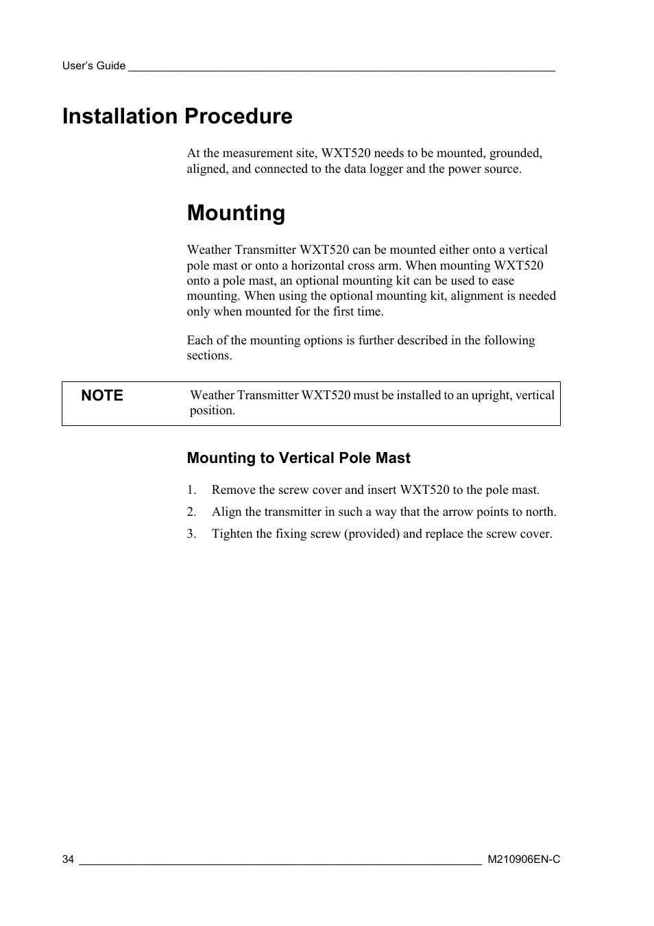 Installation procedure, Mounting, Mounting to vertical pole mast | Vaisala WXT520 User Manual | Page 36 / 171