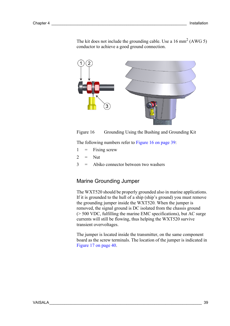 Marine grounding jumper, Figure 16, Grounding using the bushing and grounding kit | Vaisala WXT520 User Manual | Page 41 / 171