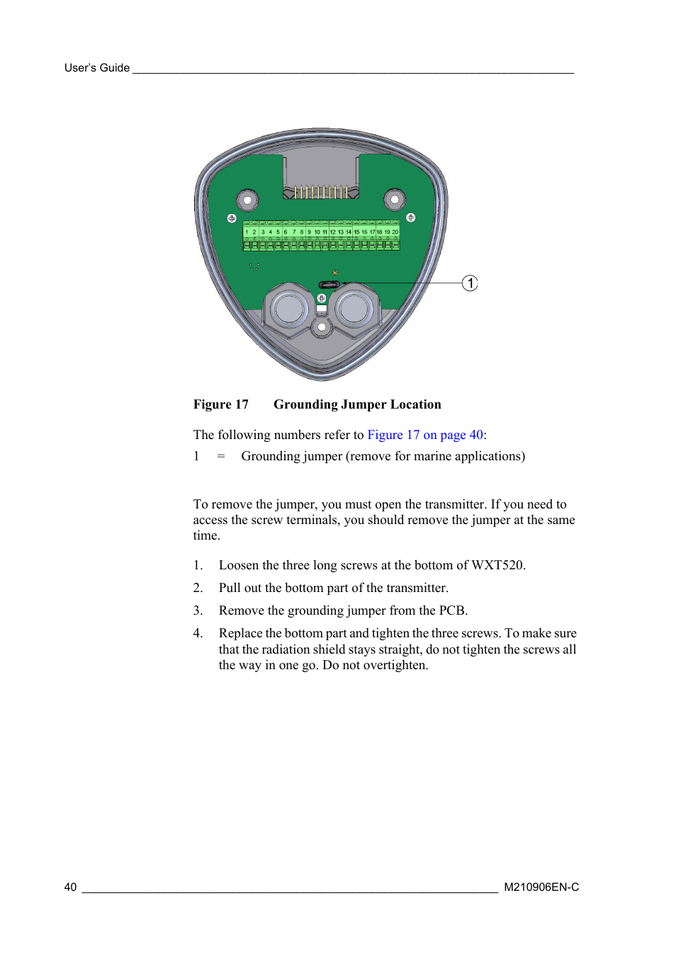 Figure 17, Grounding jumper location | Vaisala WXT520 User Manual | Page 42 / 171